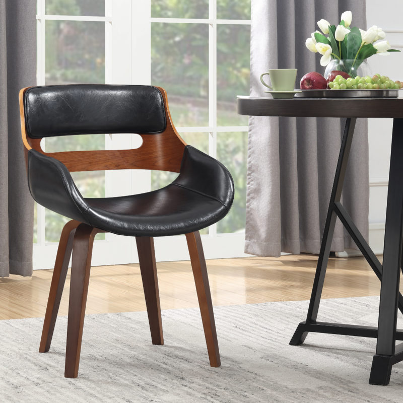 Wood and Black Faux Leather Mid-Century 18-Inch Dining Chair
