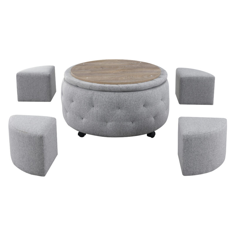 Round Rolling Storage Ottoman with Reversible Tray Top and 4 Side Ottomans