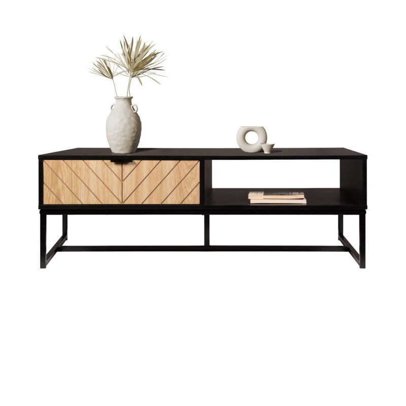 Bali Coastal Modern TV Stand with Storage Cubby and Natural Wood Drawer, Black