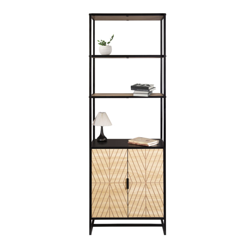 Bali Coastal Modern 6-Tier Book Shelf with Storage, Black with Natural Wood